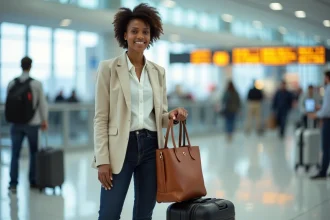 Femme tenant un sac à main et un bagage cabine dans un aéroport EasyJet
