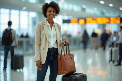 Femme tenant un sac à main et un bagage cabine dans un aéroport EasyJet
