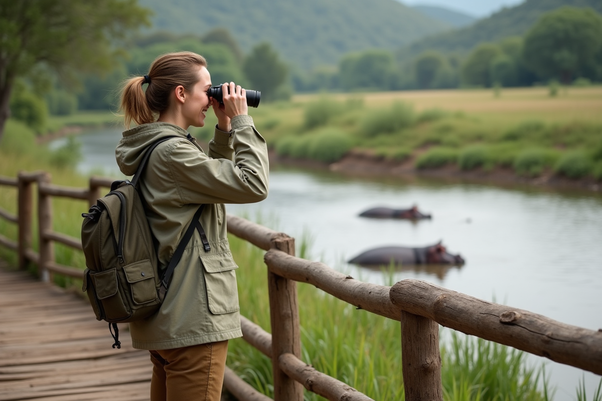 Femme voyageuse observant la faune dans un parc national