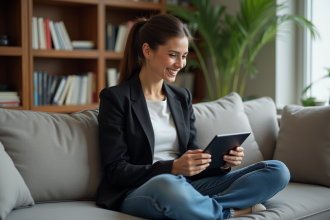 Femme souriante avec tablette dans un salon moderne