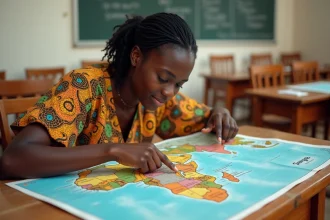 Jeune femme sénégalaise pointant le Sénégal sur une carte d'Afrique posée sur un bureau en bois dans une salle de classe