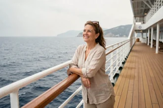 Femme seule en croisière appuyée sur le bastingage d'un paquebot avec vue sur la mer ouverte