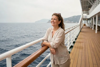 Femme seule en croisière appuyée sur le bastingage d'un paquebot avec vue sur la mer ouverte