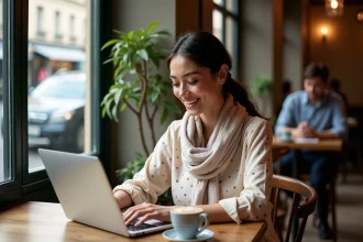 Femme souriante dans un café parisien en train de naviguer sur un ordinateur