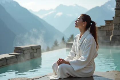 Femme relaxant au bord d'une piscine thermale dans les Alpes