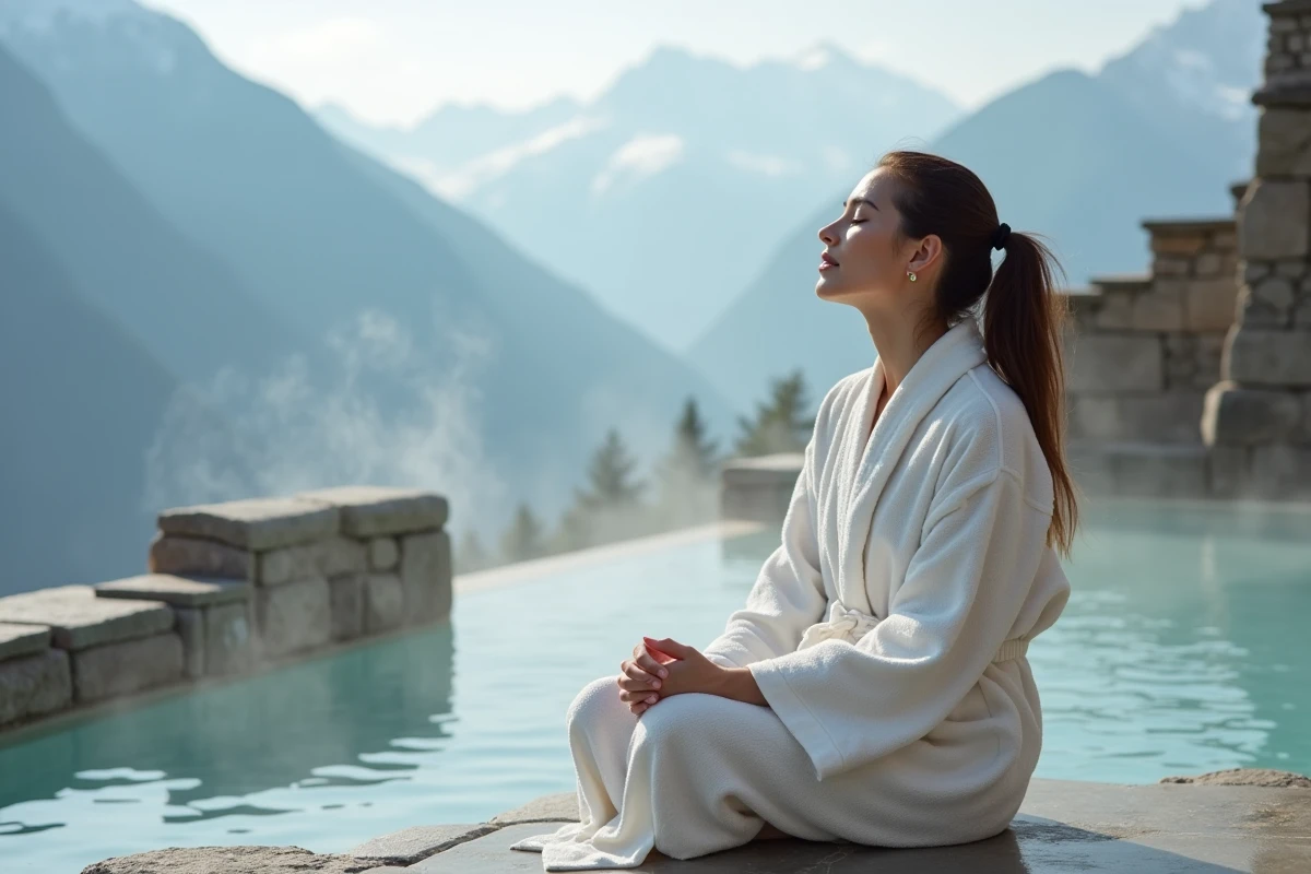 Femme relaxant au bord d'une piscine thermale dans les Alpes
