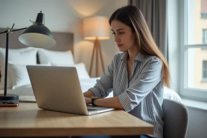 Femme travaillant sur son ordinateur dans un hôtel à Strasbourg