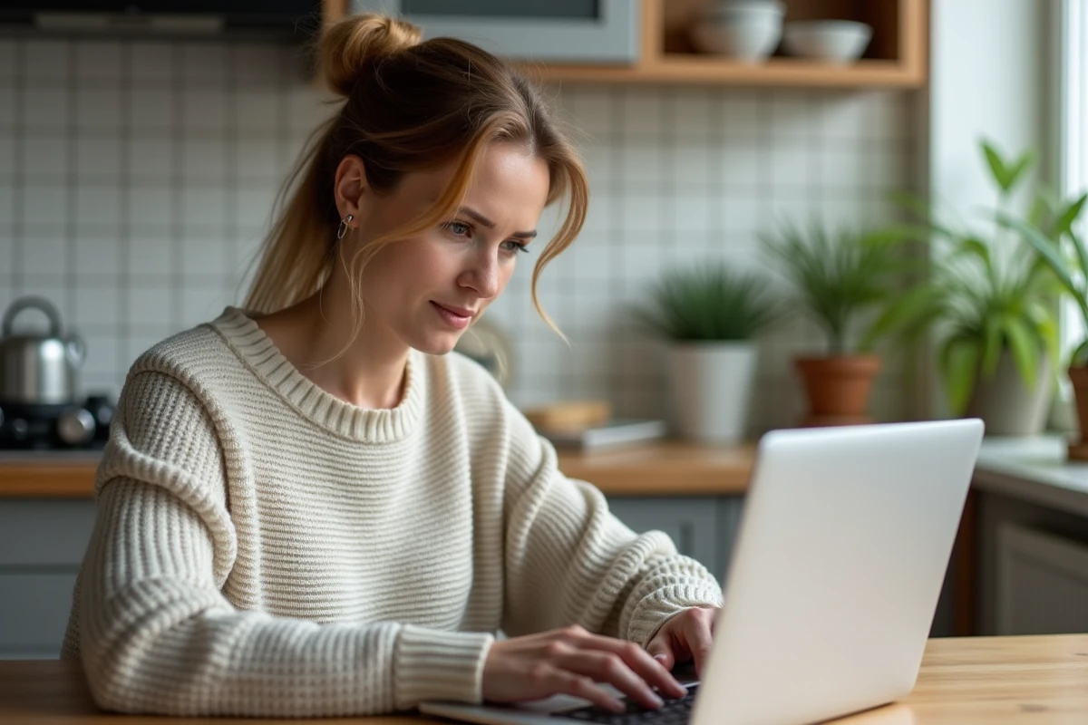 Femme concentrée travaillant sur son ordinateur à la maison