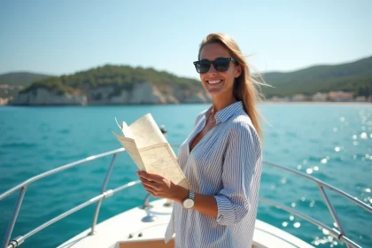 Femme souriante sur un bateau avec vue sur Porquerolles