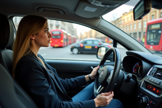 Jeune femme en voiture à Londres regardant la ville