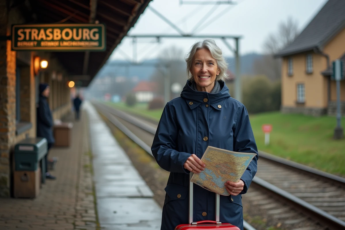 Femme souriante en imper navy à la gare de Strasbourg