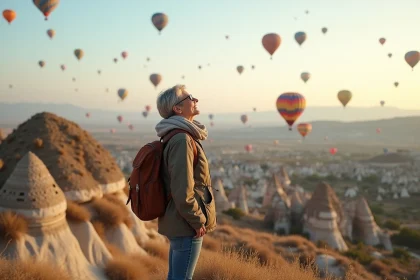 Femme regardant les ballons dans le ciel de Cappadoce