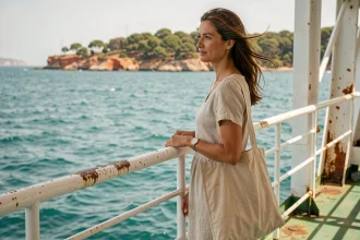 Femme sur le pont d'un ferry en direction de l'île de Porquerolles avec vue sur la mer Méditerranée