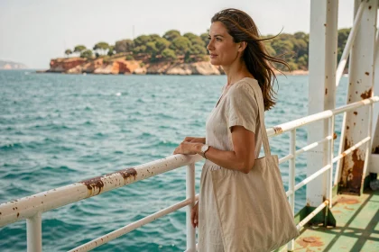 Femme sur le pont d'un ferry en direction de l'île de Porquerolles avec vue sur la mer Méditerranée