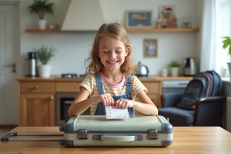 Jeune fille souriante attachant une étiquette de valise
