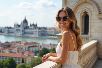 Femme souriante au bastion des pêcheurs de Budapest
