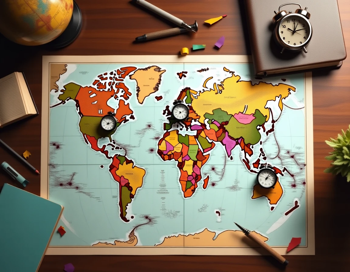 Vue a&eacute;rienne d'une carte du monde avec des r&eacute;veils analogiques repr&eacute;sentant diff&eacute;rents fuseaux horaires internationaux