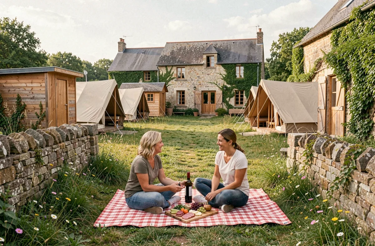 Tentes glamping et cabanes en bois du Flower Camping Les Granges entourées d'une prairie fleurie et de vieux murs en pierre