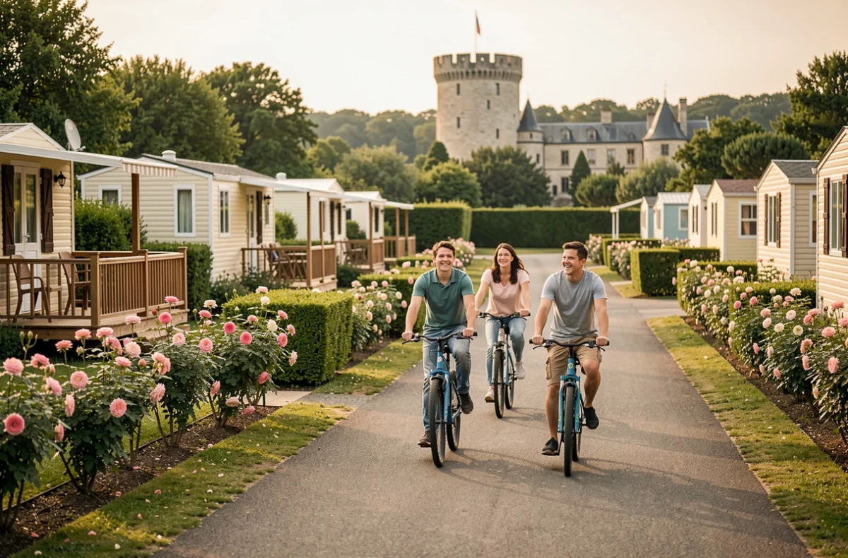 Famille à vélo sur une allée fleurie du Flower Camping Loire et Châteaux avec un château visible en arrière-plan