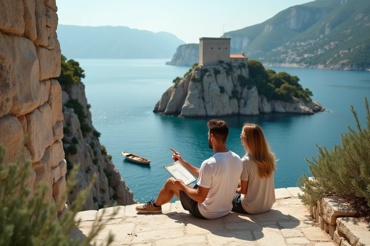 Couple consultant une carte devant le Fort Lovrijenac à Dubrovnik, site emblématique de Game of Thrones loin des pièges à touristes