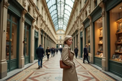 Intérieur de la Galerie Vivienne à Paris avec ses mosaïques au sol et sa verrière néoclassique, une femme consulte la vitrine d'une librairie ancienne