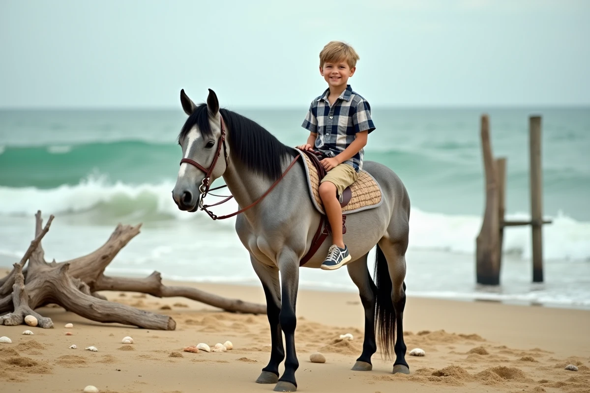 Jeune garçon sur un cheval près de la mer