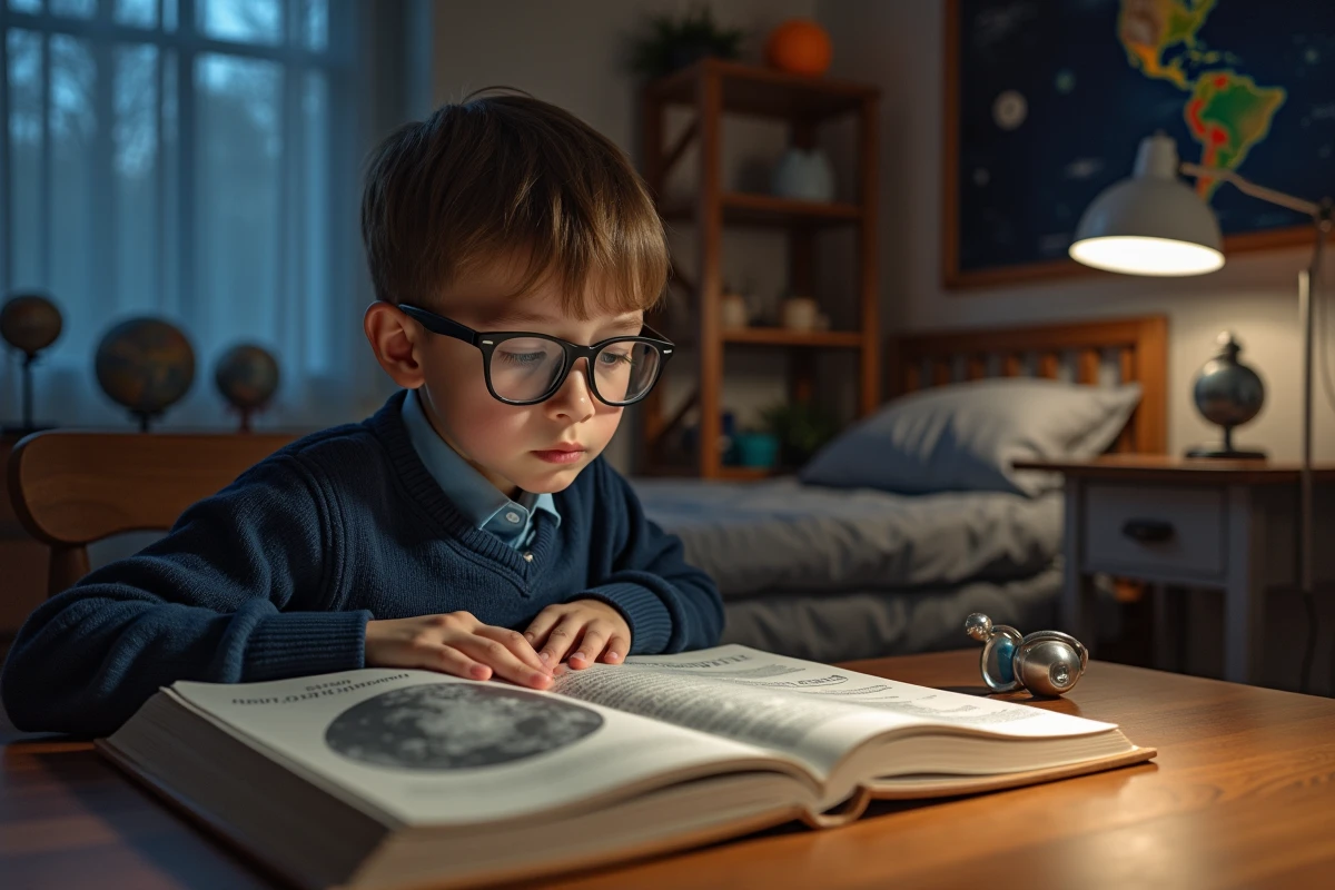 Jeune garçon lisant un livre sur la lune dans sa chambre
