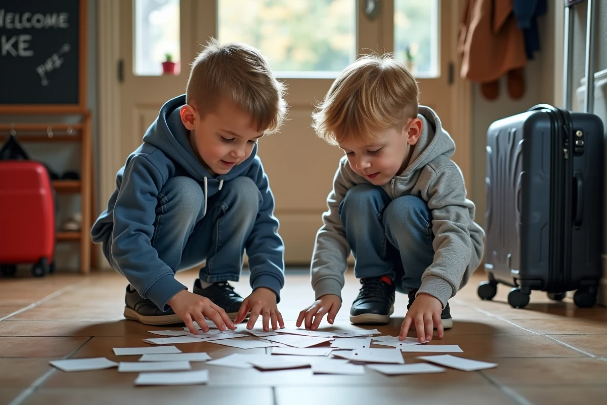 Deux gar&ccedil;ons triant des &eacute;tiquettes de valise color&eacute;es