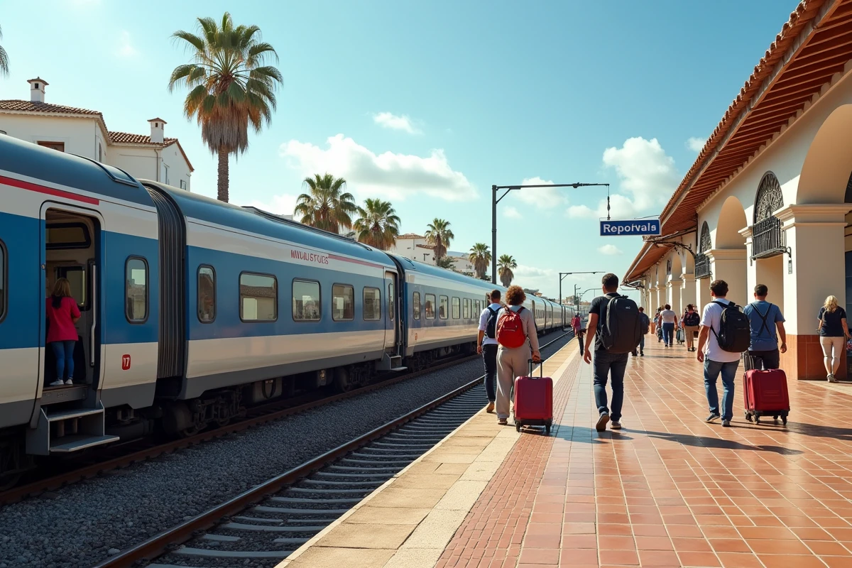 Gare balnéaire espagnole animée avec des voyageurs qui embarquent dans un train régional longeant la côte