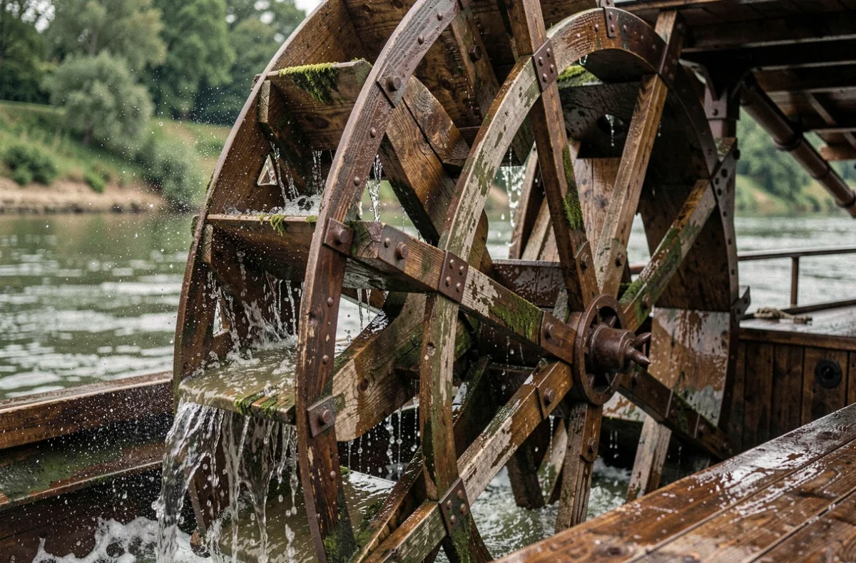 Gros plan sur la roue à aube d'un bateau traditionnel en bois sur la Loire
