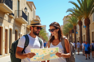 Groupe de touristes souriants consultant une carte dans un quartier historique de Chypre