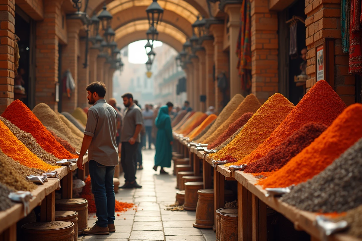 Marché traditionnel animé de Hamadan en été avec des étals de safran et d'épices colorées sous les arcades en brique