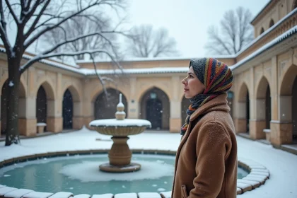 Femme iranienne en manteau d'hiver dans la cour enneigée d'un monument historique de Hamadan en Iran