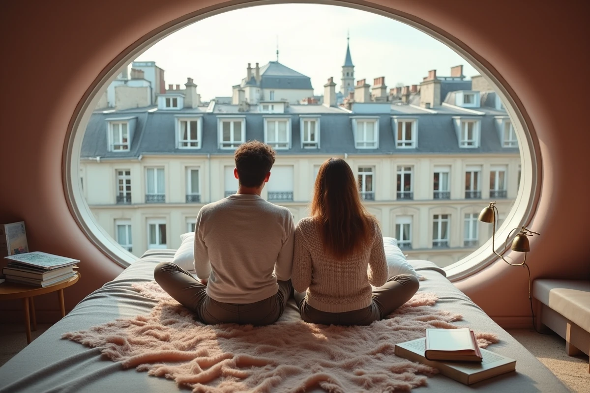 Couple dans un logement insolite à Paris avec dôme transparent vue sur les toits haussmanniens