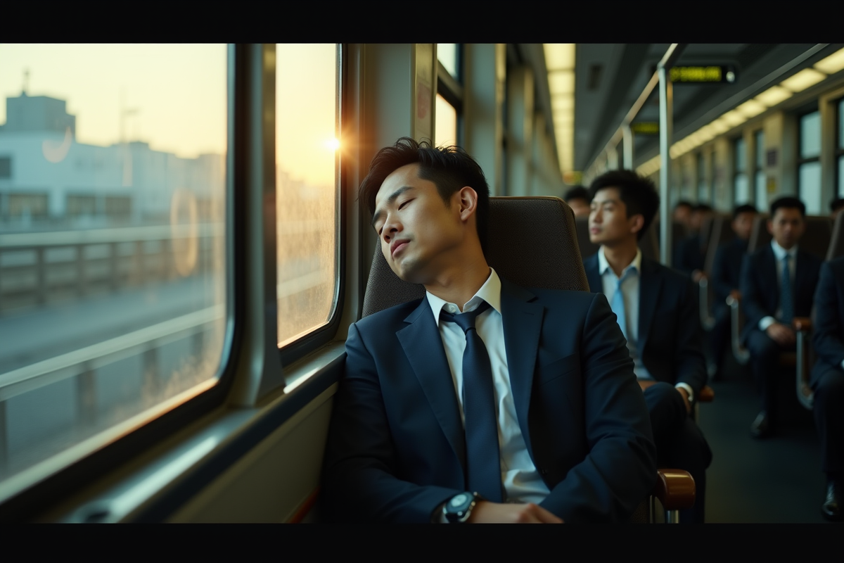 Homme d'affaires japonais dormant dans le train