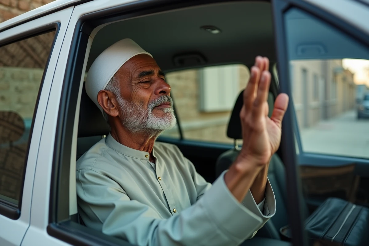 Homme âgé récitant la doua du voyage assis dans une voiture avant de prendre la route
