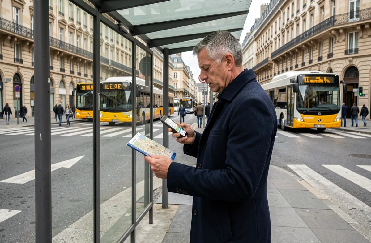 Homme debout à un arrêt de bus à Lyon consultant Mappy sur son téléphone pour trouver le meilleur itinéraire en transports en commun
