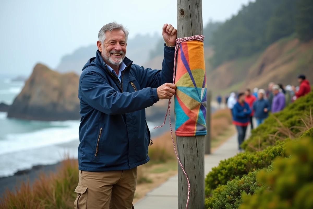 Homme attachant un drapeau lors d
