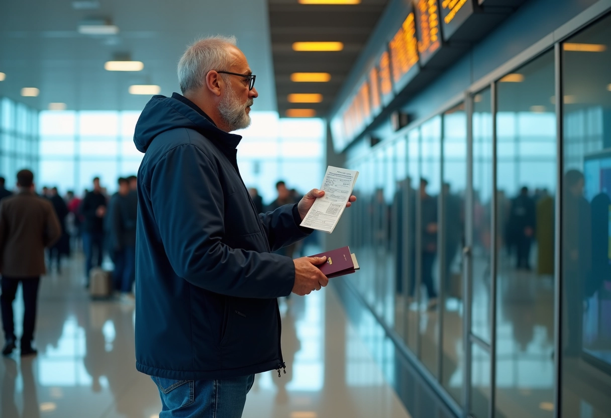 Homme v&eacute;rifiant son billet et passeport &agrave; l