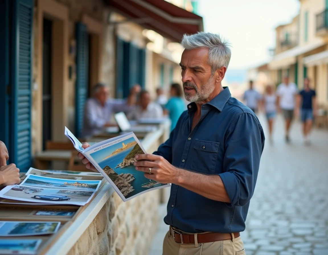 Homme consultant des brochures touristiques devant une agence de voyage dans une ville portuaire méditerranéenne