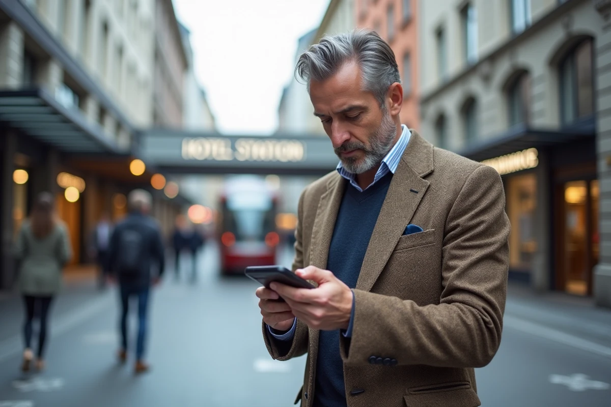 Homme d affaires regardant son smartphone dans la rue &agrave; Strasbourg