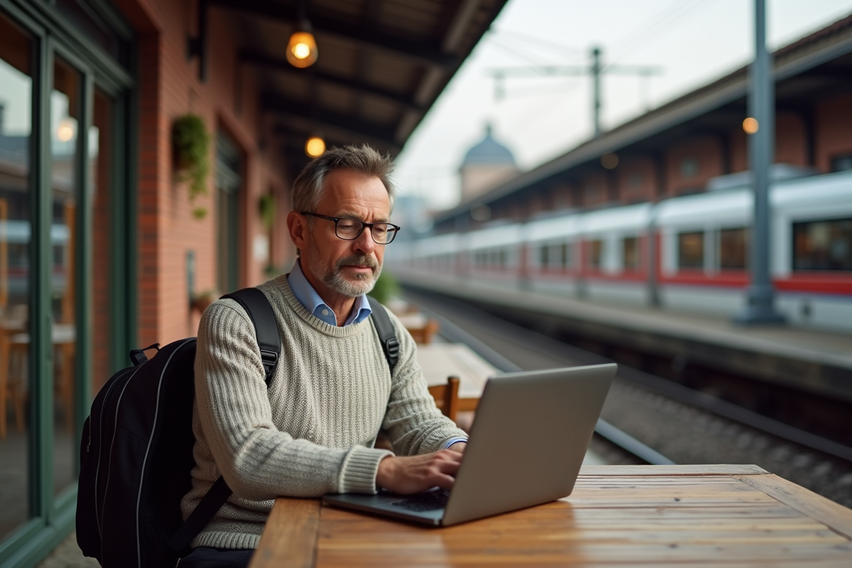 Homme réservant billets Interrail dans un café cosy
