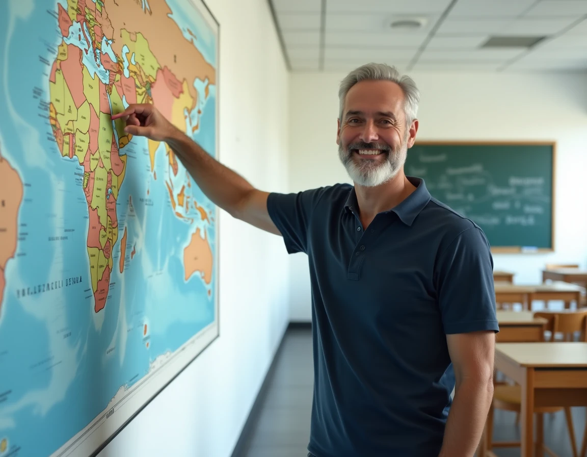 Homme désignant un pays sur une grande carte du monde accrochée au mur d'une salle de classe moderne