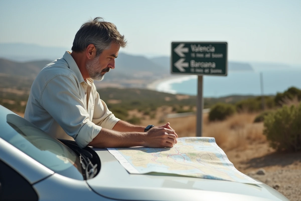 Homme consultant une carte routière à une aire de repos sur l'autoroute espagnole côtière
