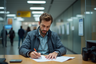 Homme concentré remplissant un formulaire dans une gare française