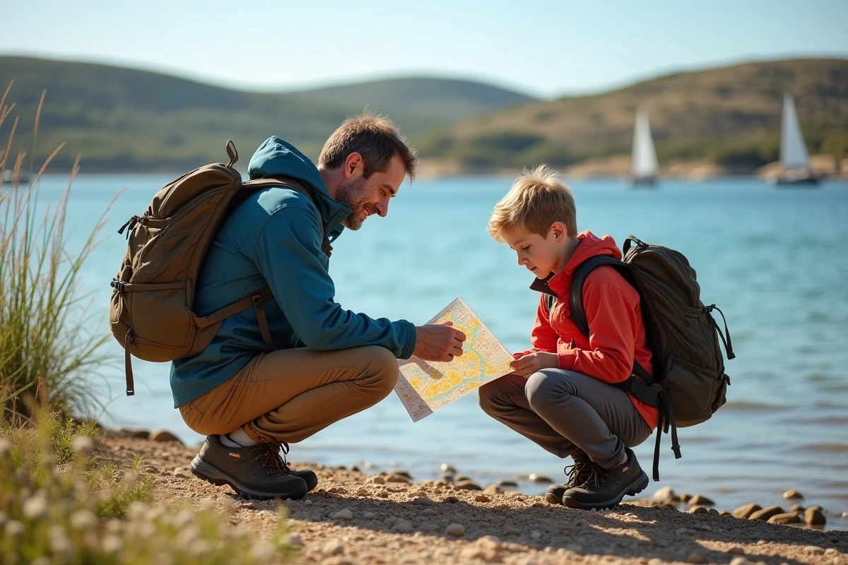 Homme et garçon regardant une carte au bord de l