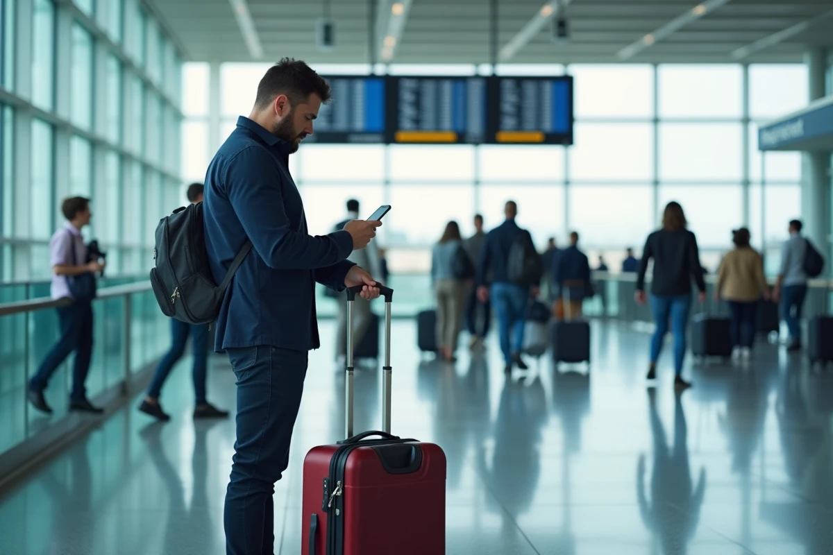 Homme consultant l'application Google Flights dans un aéroport international avec une valise cabine à ses côtés