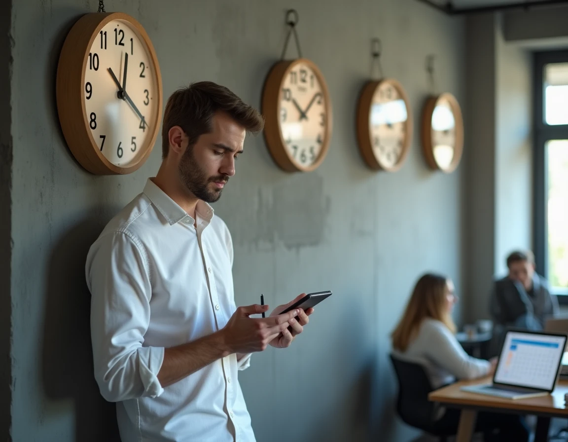 Homme debout devant une rang&eacute;e d'horloges mondiales dans un espace de coworking pour g&eacute;rer les d&eacute;calages horaires