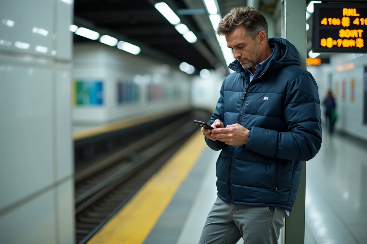 Homme vérifiant son itinéraire Google Maps combiné marche et métro sur le quai d'une station de métro moderne