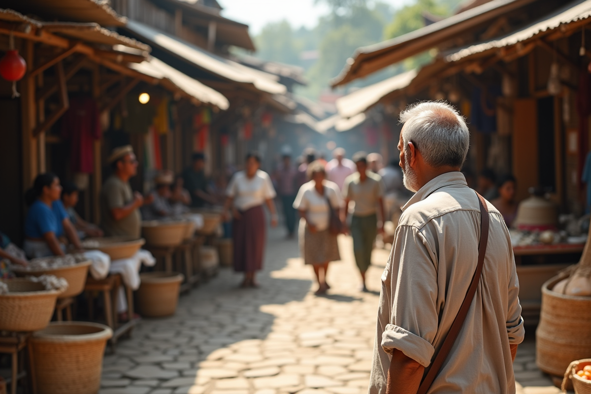 Homme local observant le marché animé